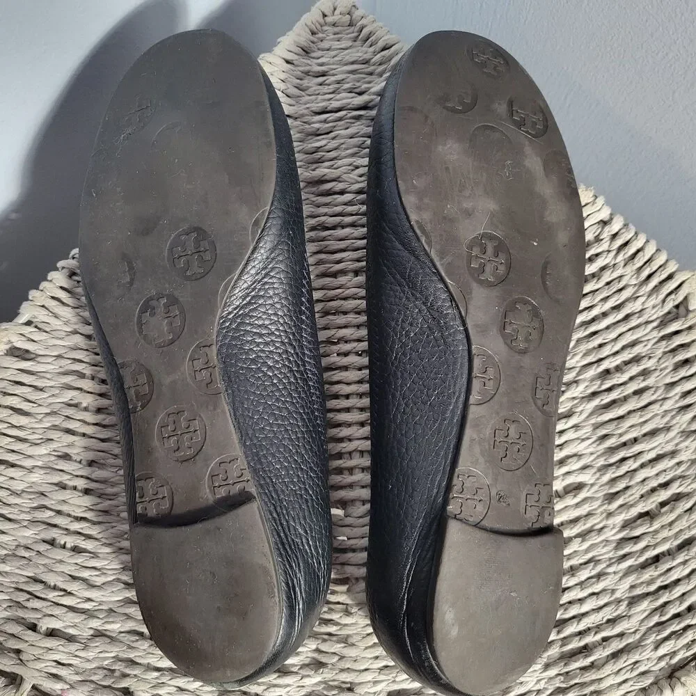 Tory Burch Women’s Black Leather Logo Blue Stitching Ballet Flats Size 7